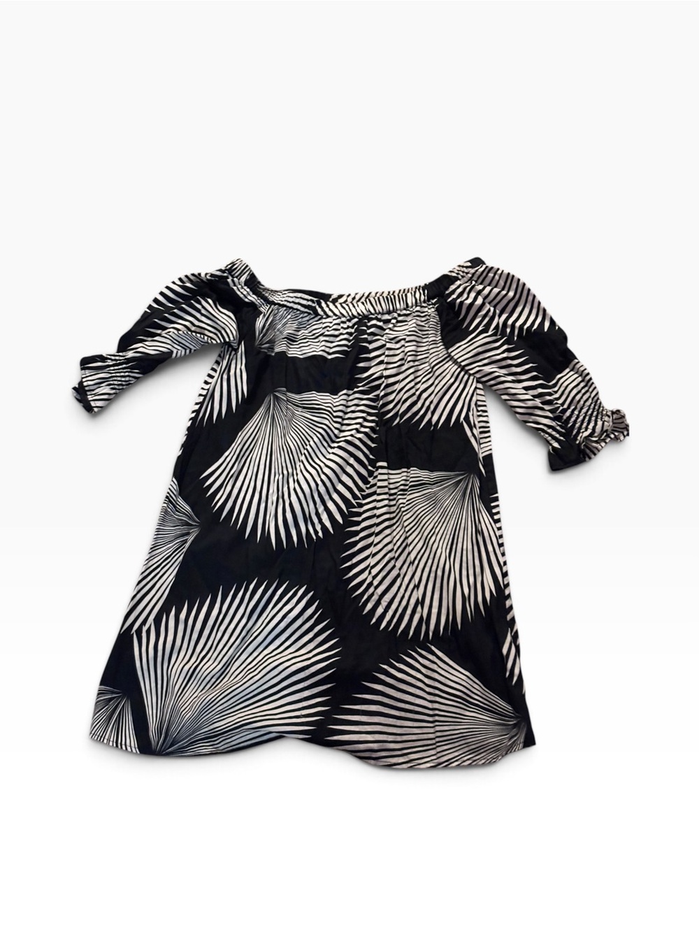 Tori Richard Black & White Palm-Print Off-Shoulder Dress Size XS Abstract Print